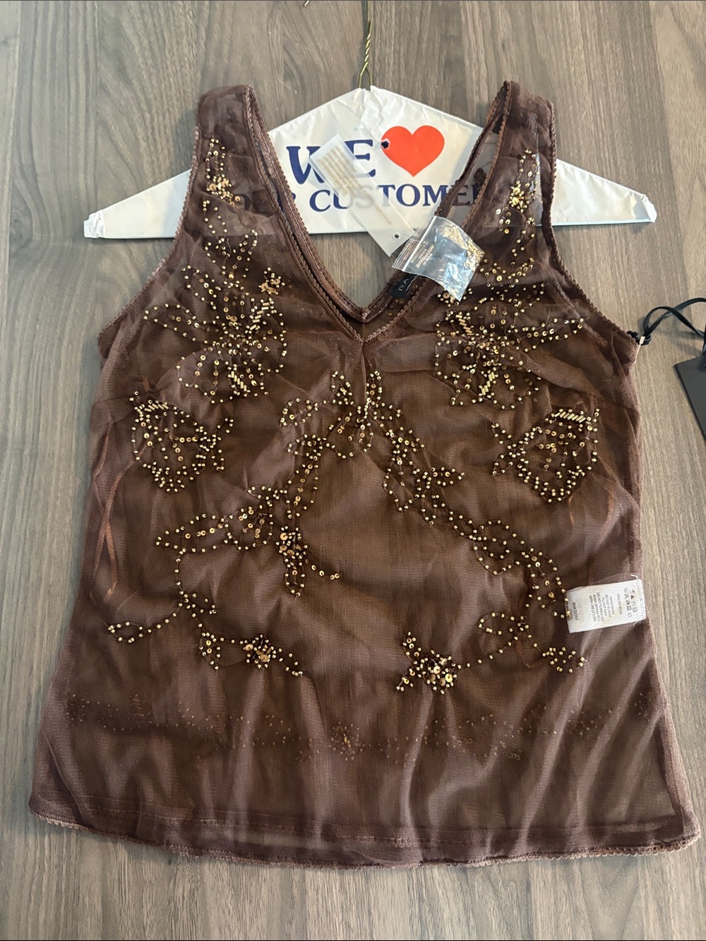 Sheer Embellished Brown V-Neck Mesh Tank Top - Picture 5 of 17